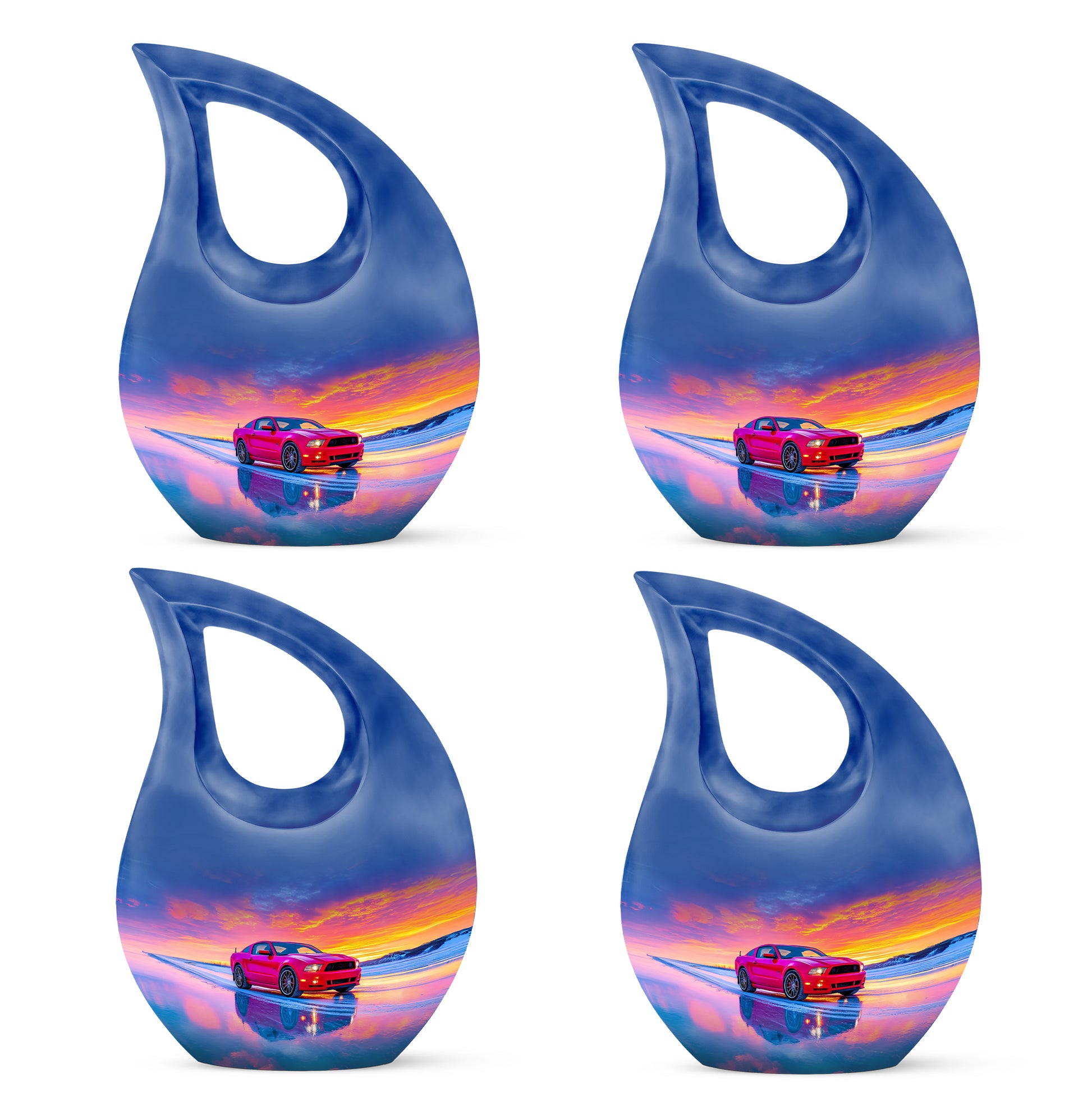 Indigo Car Cremation Urn lifestyle display on memorial shelf - sacred cross merged with car motif on metal - 10 inch aluminum urn for cremated remains