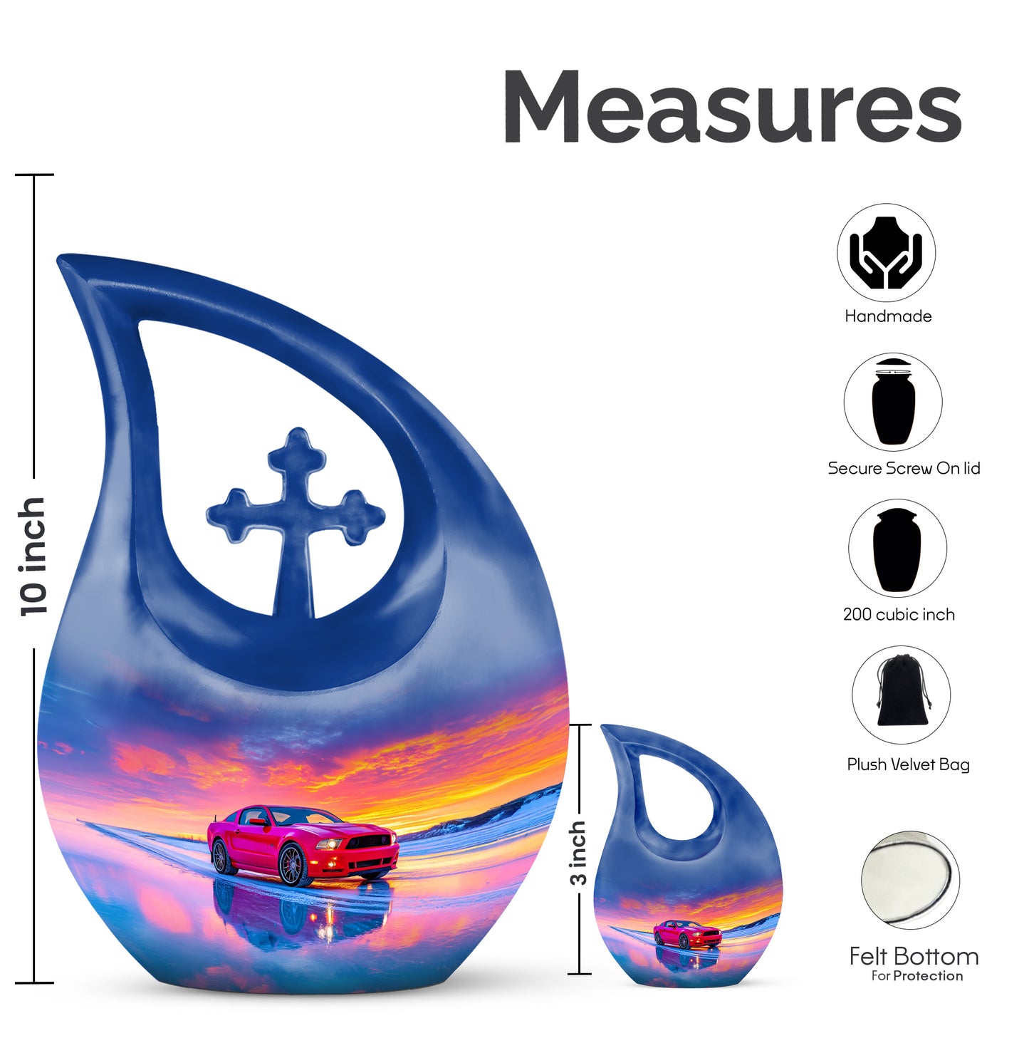 Azure Car Cremation Urn back view with polished surface - sacred cross merged with car motif on metal - mini keepsake memorial for portion of cremation ashes