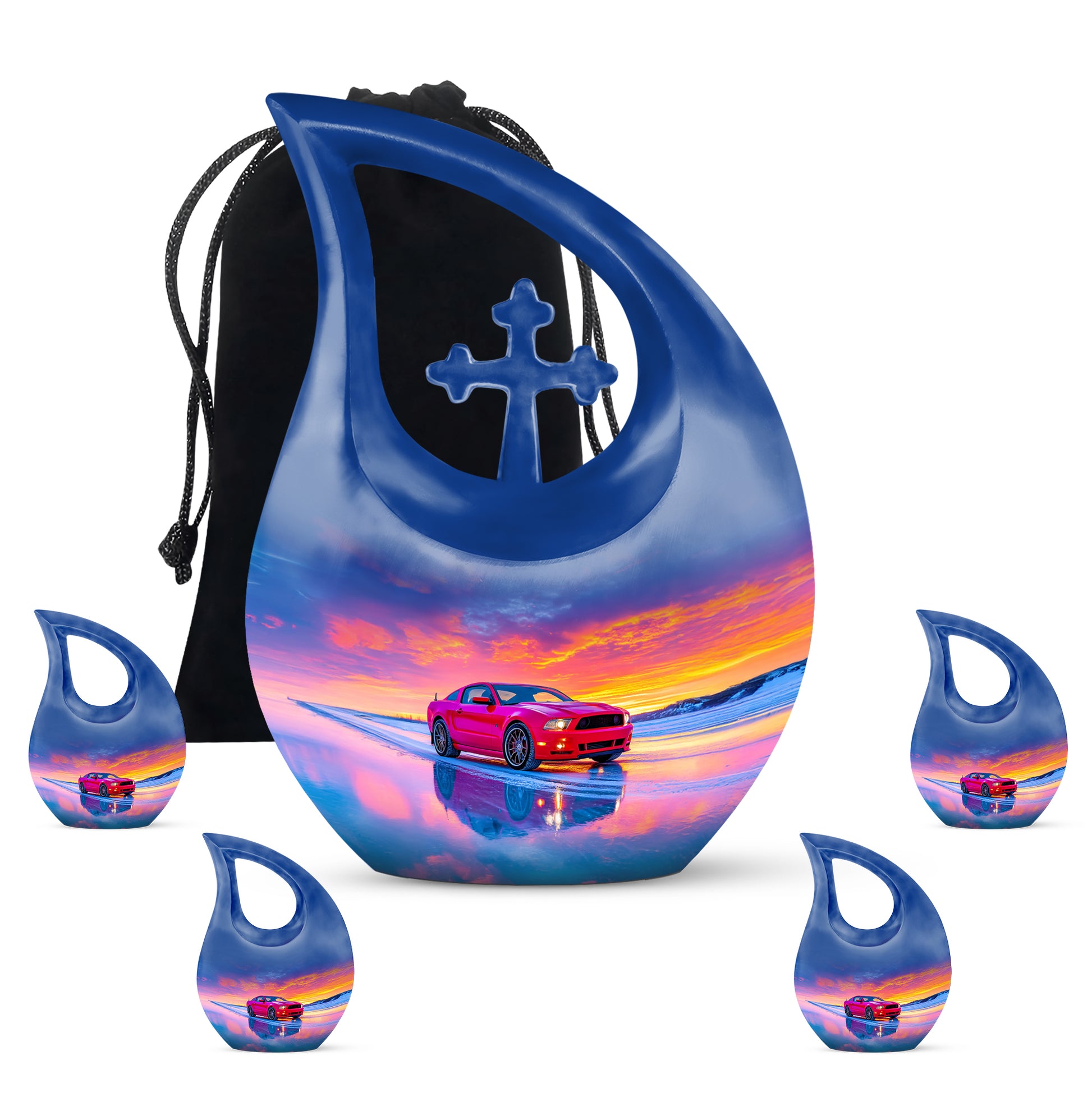 Powder Blue Car Cremation Urn urn with complimentary velvet bag - sacred cross merged with car motif on metal - memorial set with one large and four small urns