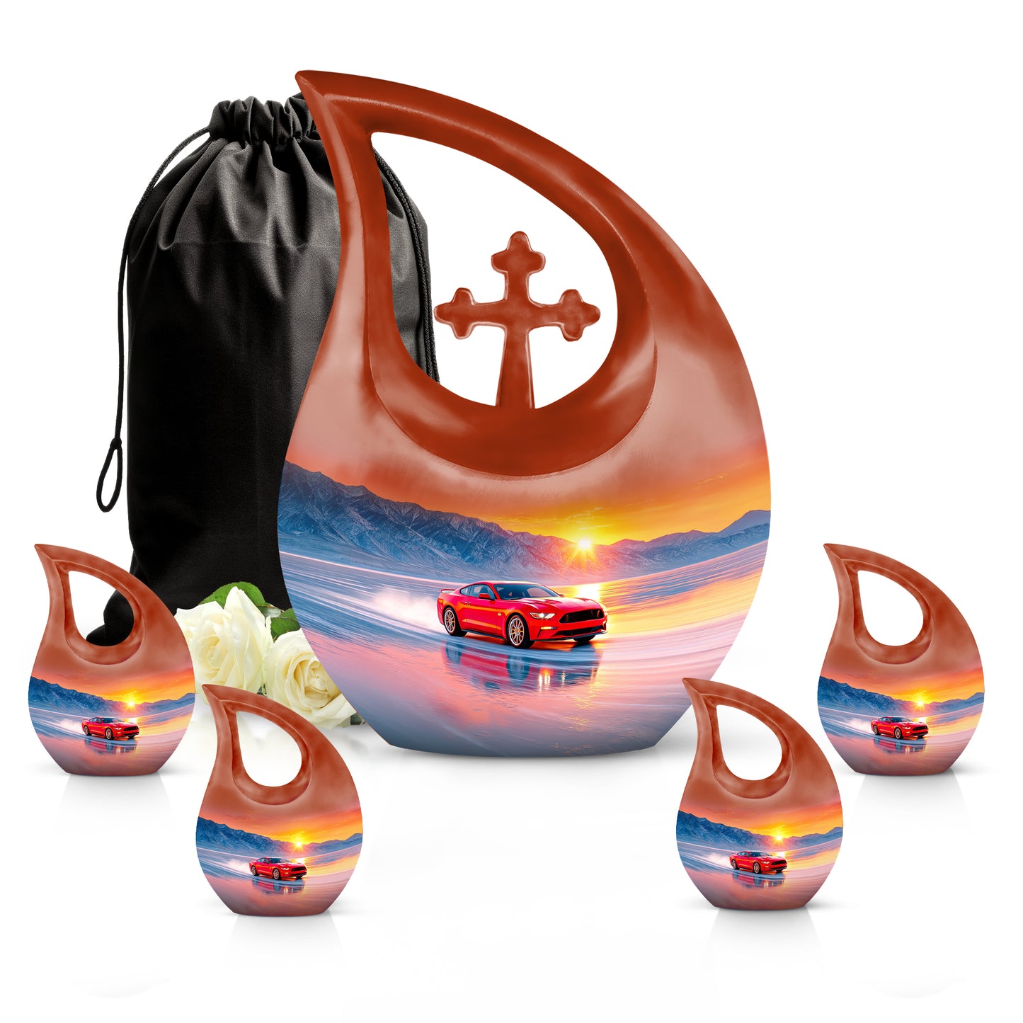 Soft Pink Car Cremation Urn urn with complimentary velvet bag - faith-inspired cross-drop urn with car pattern - memorial set with one large and four small urns