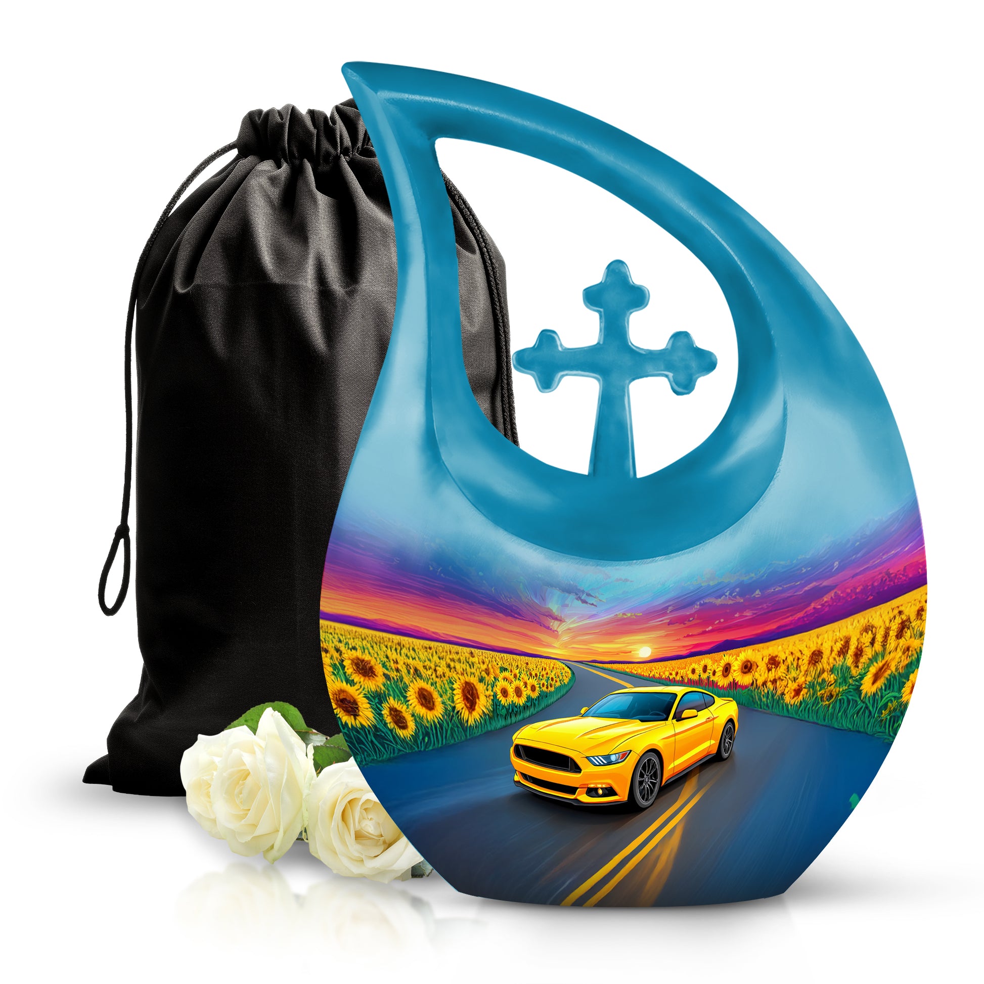 Serene Blue Car Cremation Urn top-down view of secure threaded lid - devotional cross-drop car engraving - full-size 10 inch 200 cubic inch adult cremation urn