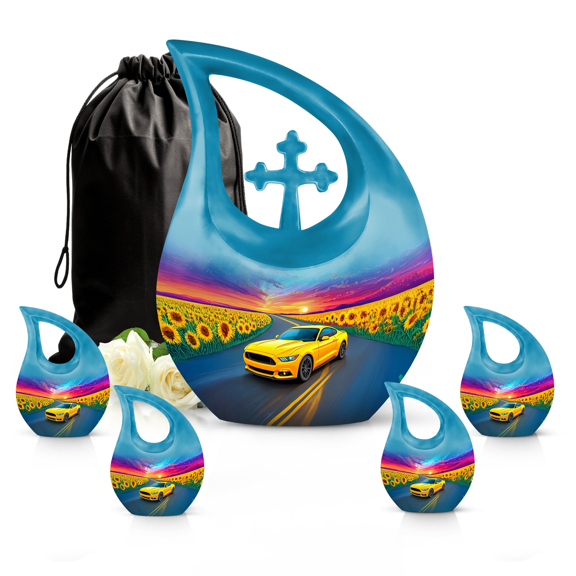 Royal Blue Car Cremation Urn urn with complimentary velvet bag - devotional cross-drop car engraving - memorial set with one large and four small urns