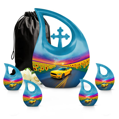 Royal Blue Car Cremation Urn urn with complimentary velvet bag - devotional cross-drop car engraving - memorial set with one large and four small urns