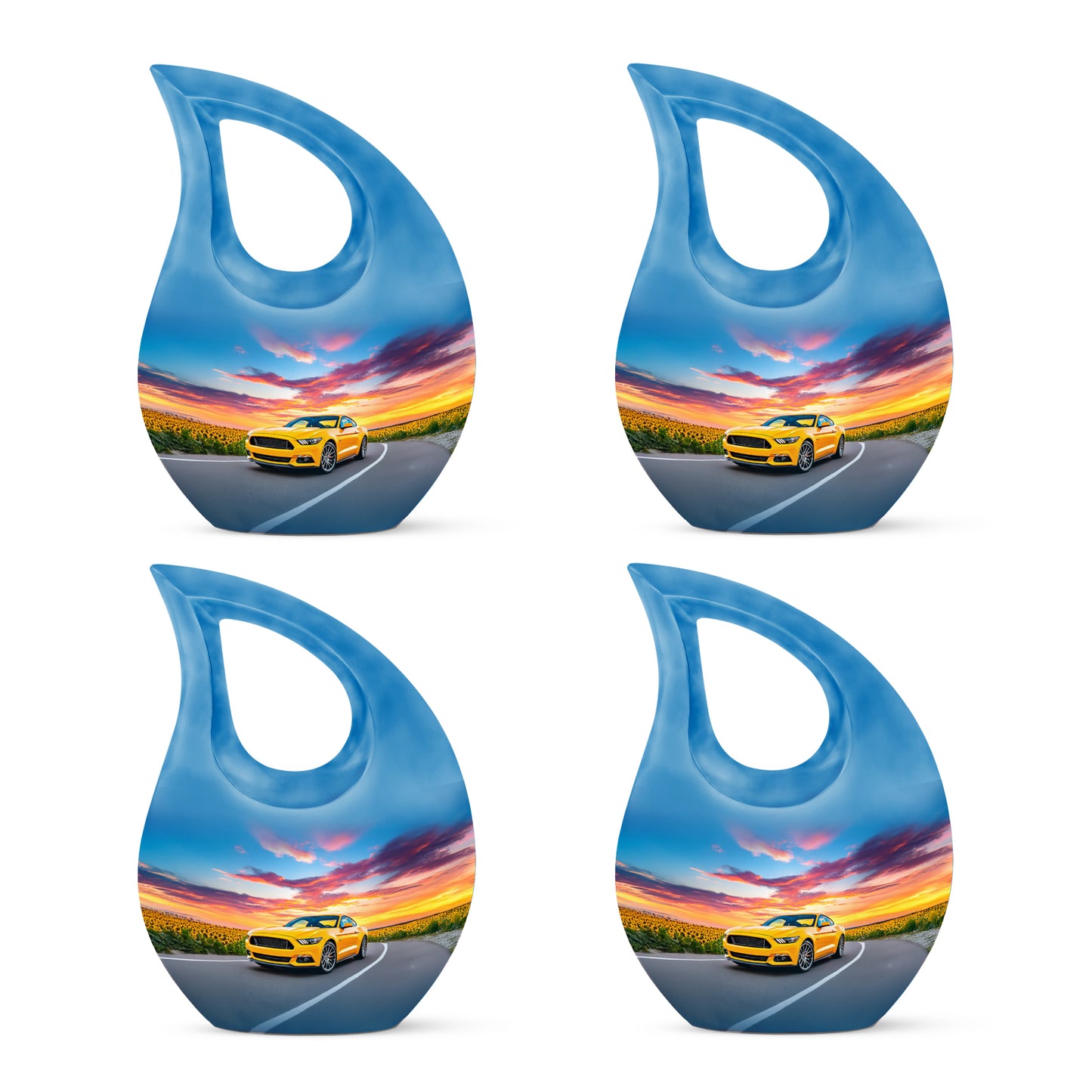 Misty Blue Car Cremation Urn lifestyle display on memorial shelf - cross and car combined in spiritual memorial design - 10 inch aluminum urn for cremated remains
