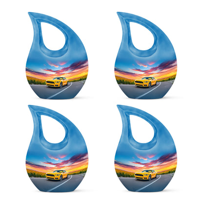 Misty Blue Car Cremation Urn lifestyle display on memorial shelf - cross and car combined in spiritual memorial design - 10 inch aluminum urn for cremated remains