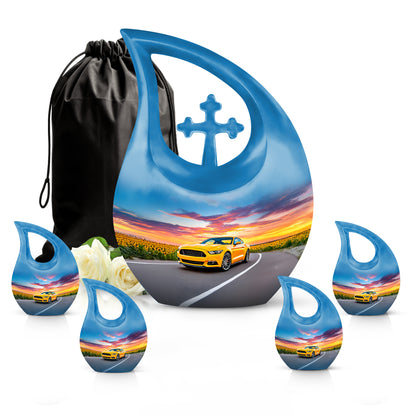 Serene Blue Car Cremation Urn urn with complimentary velvet bag - faith-inspired cross-drop urn with car pattern - memorial set with one large and four small urns