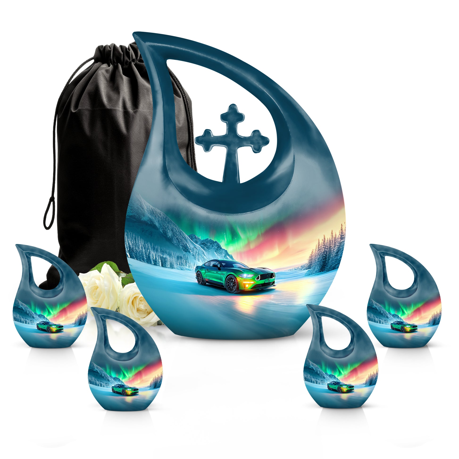 Powder Blue Car Cremation Urn urn with complimentary velvet bag - cross and car combined in spiritual memorial design - memorial set with one large and four small urns