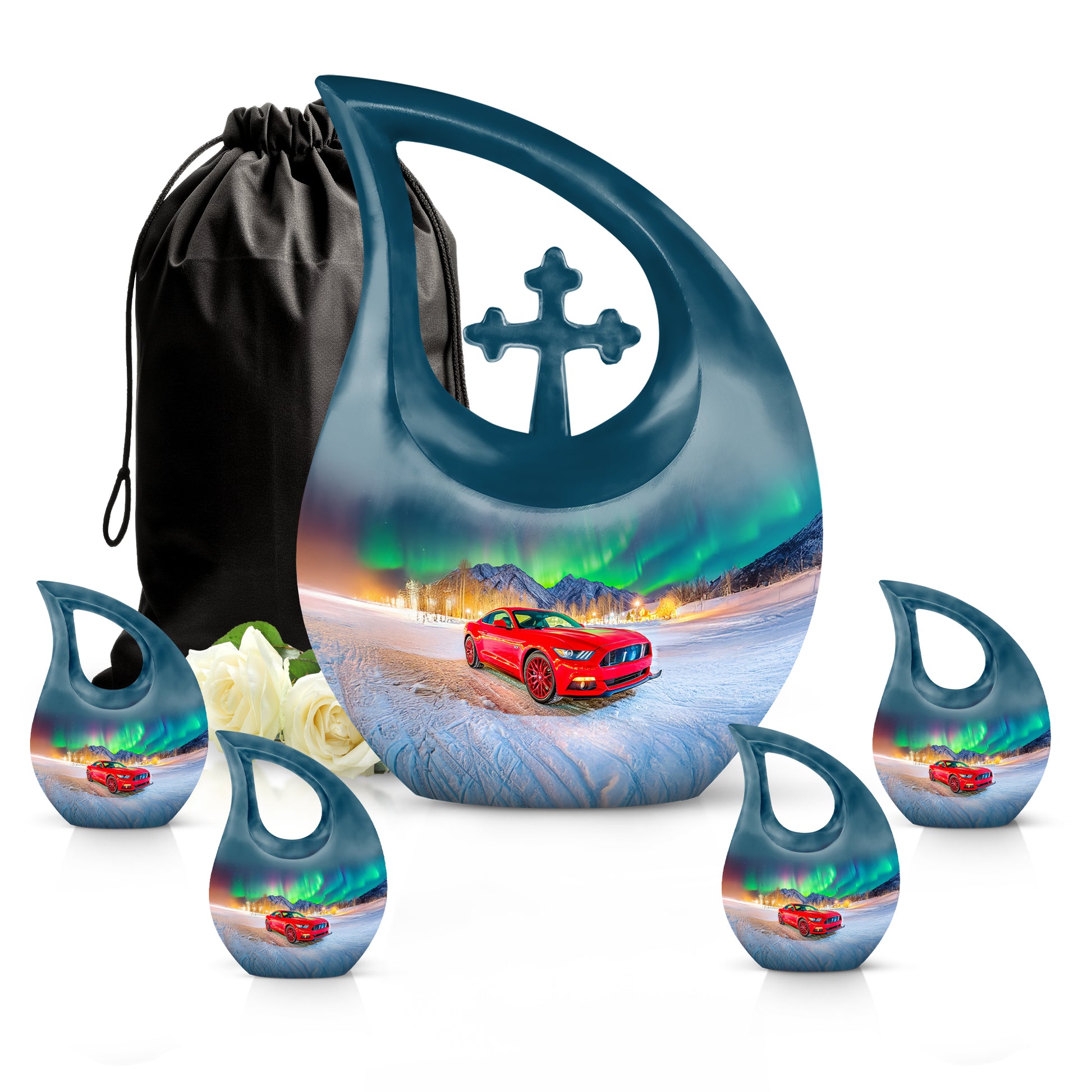 Calming Blue Car Cremation Urn urn with complimentary velvet bag - faith-inspired cross-drop urn with car pattern - memorial set with one large and four small urns
