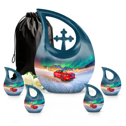 Calming Blue Car Cremation Urn urn with complimentary velvet bag - faith-inspired cross-drop urn with car pattern - memorial set with one large and four small urns