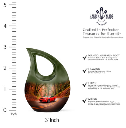 Warm Gold Car Cremation Urn back view with polished surface - faith-inspired cross-drop urn with car pattern - mini keepsake memorial for portion of cremation ashes