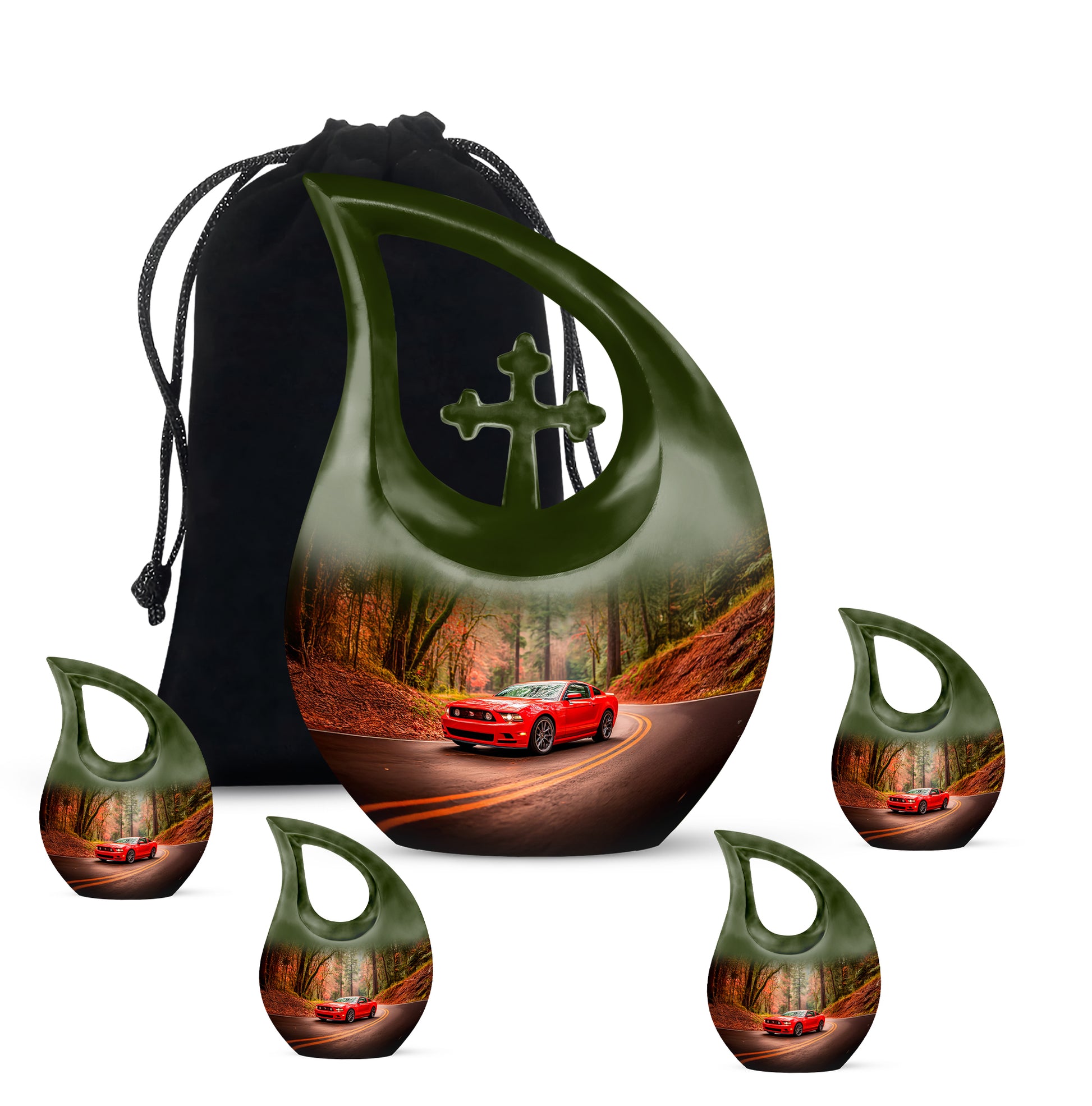 Burnished Gold Car Cremation Urn urn with complimentary velvet bag - faith-inspired cross-drop urn with car pattern - memorial set with one large and four small urns