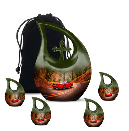 Burnished Gold Car Cremation Urn urn with complimentary velvet bag - faith-inspired cross-drop urn with car pattern - memorial set with one large and four small urns