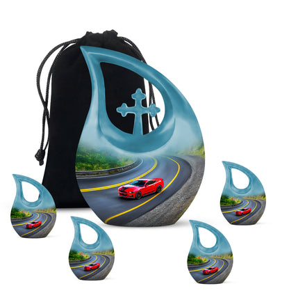 Midnight Black Car Cremation Urn urn with complimentary velvet bag - faith-inspired cross-drop urn with car pattern - memorial set with one large and four small urns