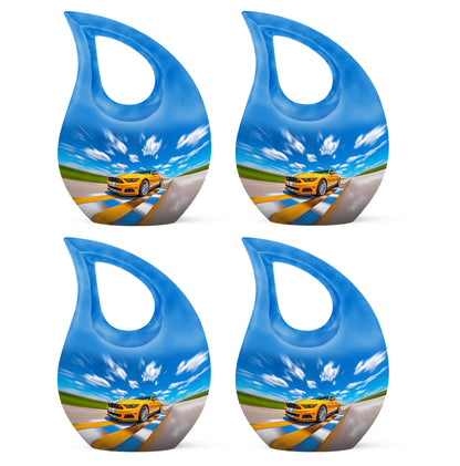Indigo Car Cremation Urn lifestyle display on memorial shelf - cross and car combined in spiritual memorial design - 10 inch aluminum urn for cremated remains