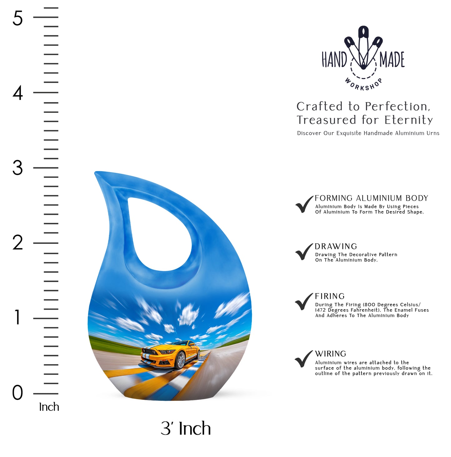 Twilight Blue Car Cremation Urn back view with polished surface - faith-inspired cross-drop urn with car pattern - mini keepsake memorial for portion of cremation ashes