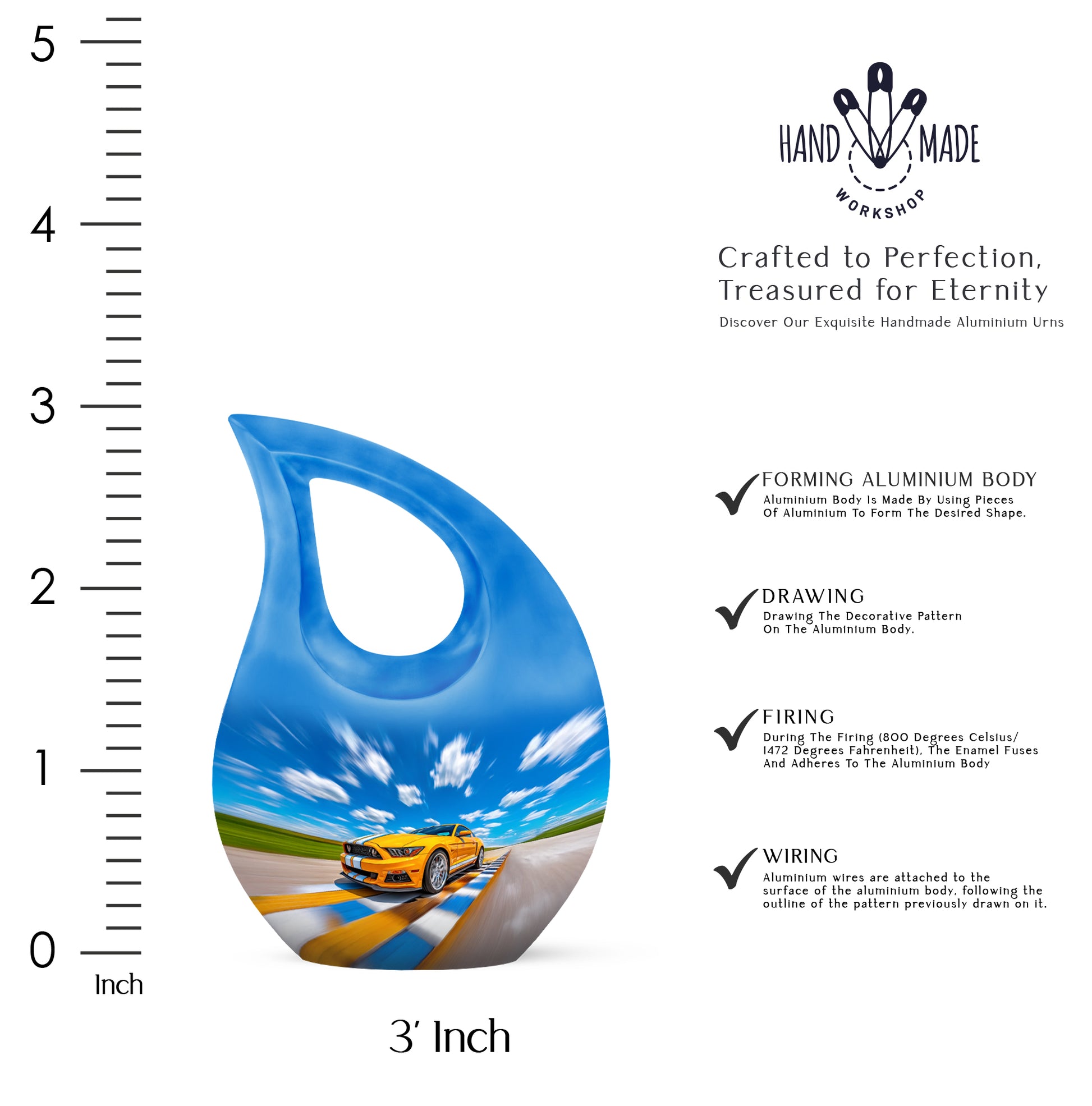 Twilight Blue Car Cremation Urn back view with polished surface - faith-inspired cross-drop urn with car pattern - mini keepsake memorial for portion of cremation ashes