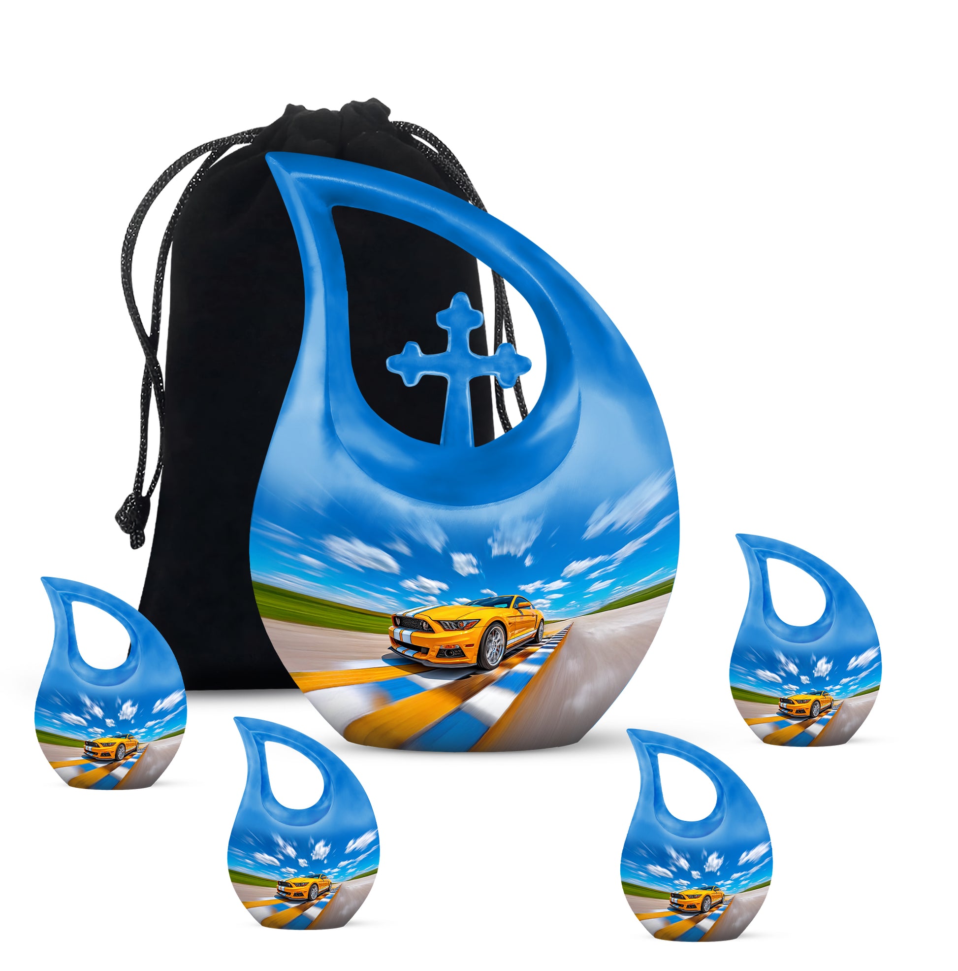 Misty Blue Car Cremation Urn urn with complimentary velvet bag - cross and car combined in spiritual memorial design - memorial set with one large and four small urns