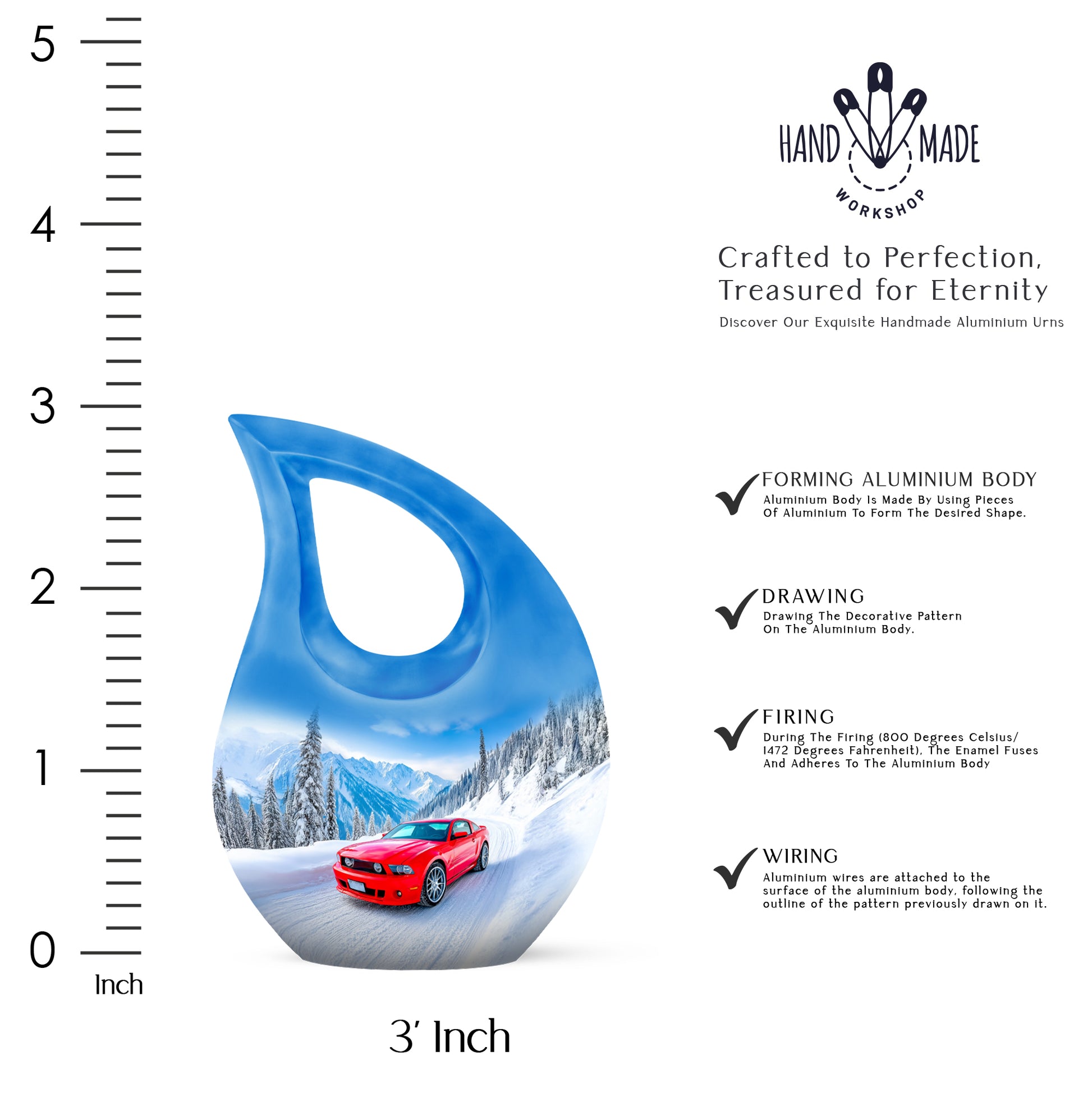 Dusty Blue Car Cremation Urn back view with polished surface - cross and car combined in spiritual memorial design - mini keepsake memorial for portion of cremation ashes