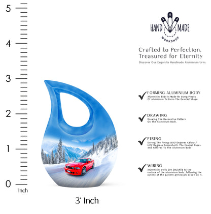 Dusty Blue Car Cremation Urn back view with polished surface - cross and car combined in spiritual memorial design - mini keepsake memorial for portion of cremation ashes