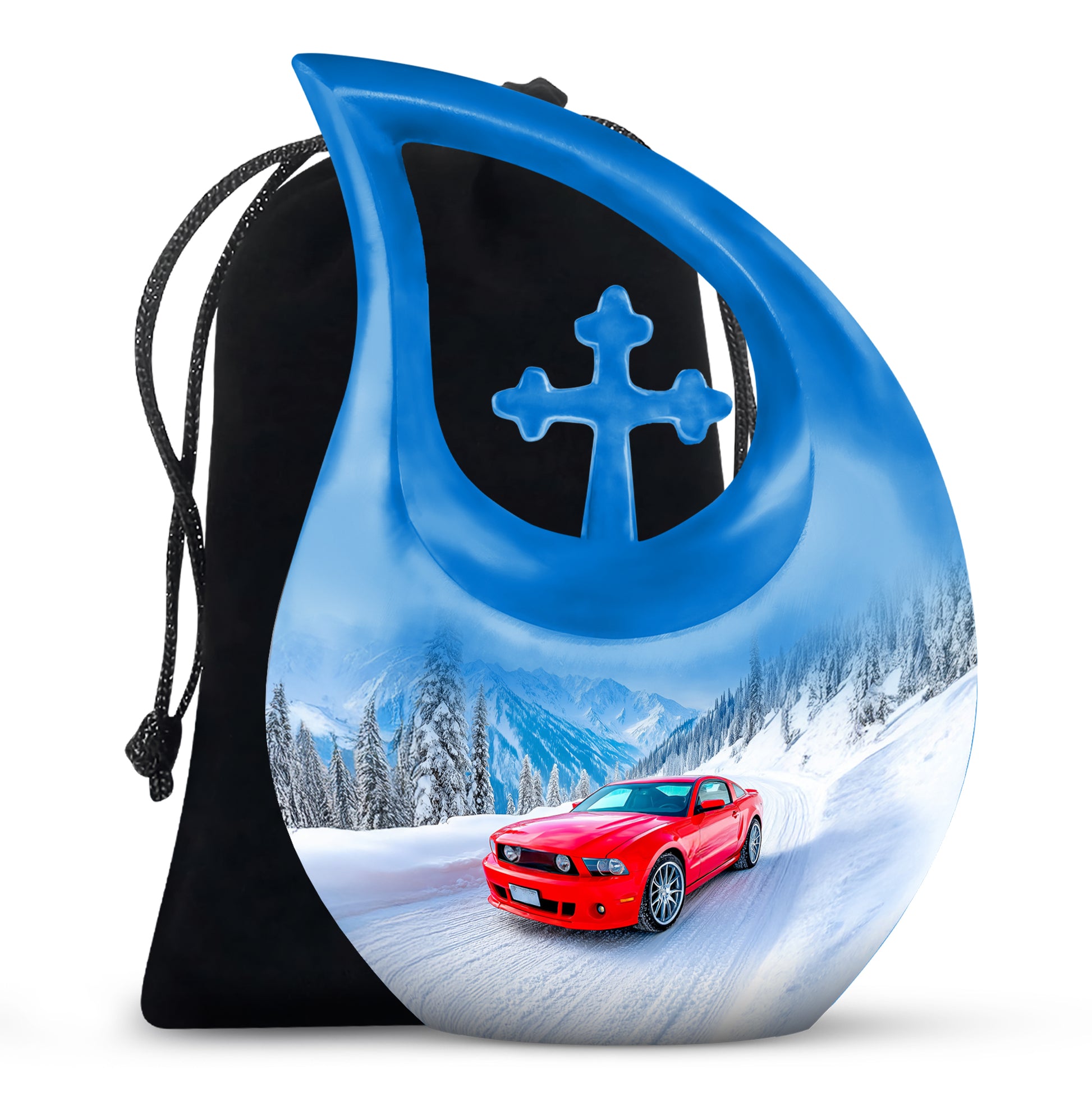 Dusty Blue Car Cremation Urn top-down view of secure threaded lid - cross and car combined in spiritual memorial design - full-size 10 inch 200 cubic inch adult cremation urn