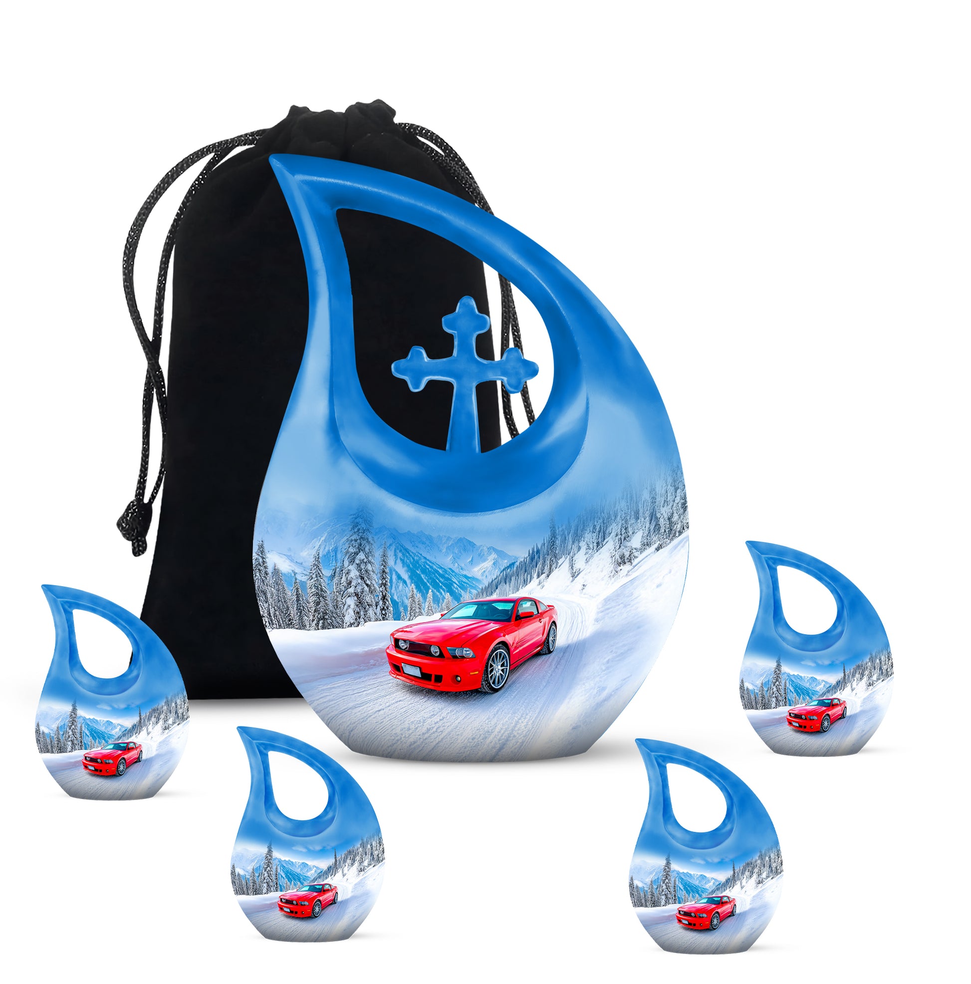 Cobalt Blue Car Cremation Urn urn with complimentary velvet bag - faith-inspired cross-drop urn with car pattern - memorial set with one large and four small urns