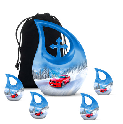 Cobalt Blue Car Cremation Urn urn with complimentary velvet bag - faith-inspired cross-drop urn with car pattern - memorial set with one large and four small urns