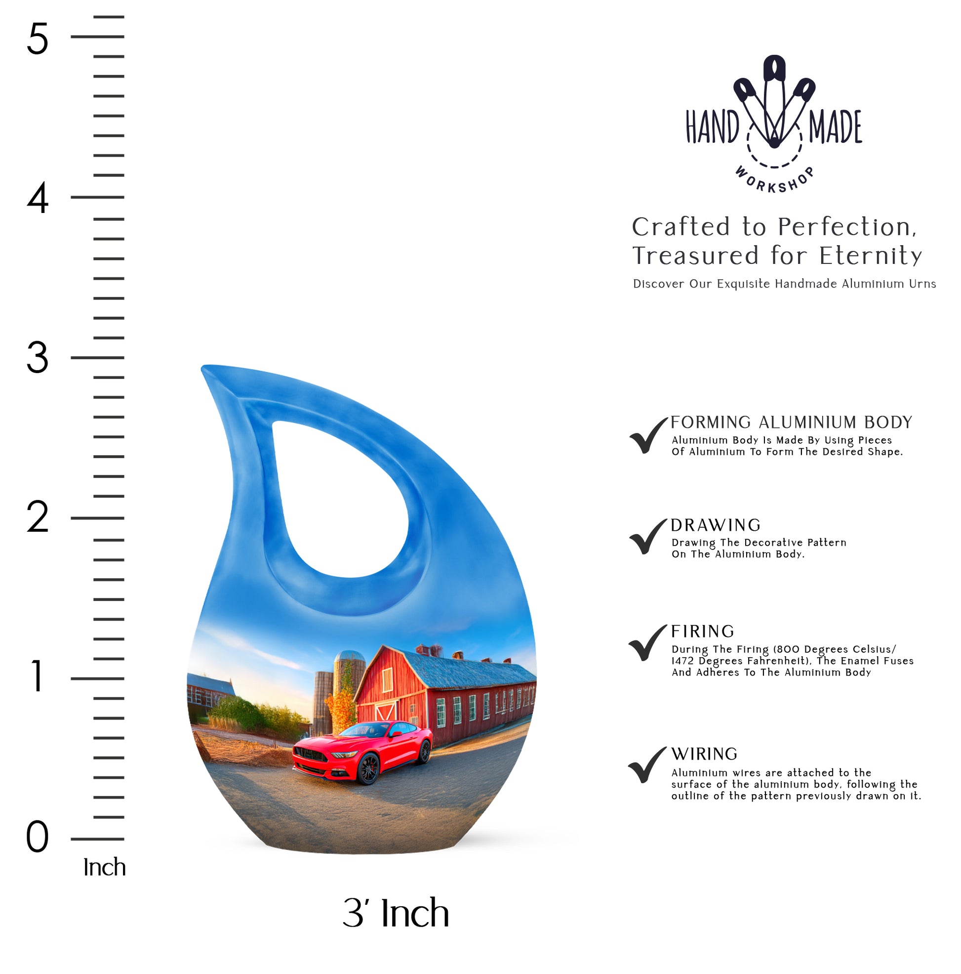 Vivid Blue Car Cremation Urn back view with polished surface - devotional cross-drop car engraving - mini keepsake memorial for portion of cremation ashes