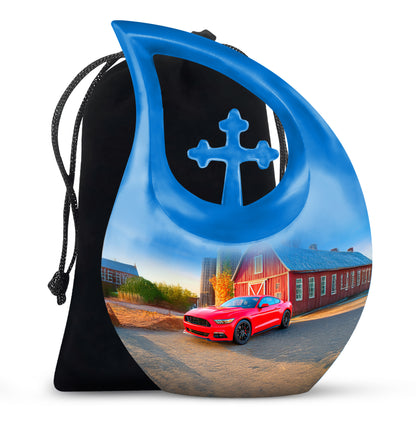 Vivid Blue Car Cremation Urn top-down view of secure threaded lid - faith-inspired cross-drop urn with car pattern - full-size 10 inch 200 cubic inch adult cremation urn