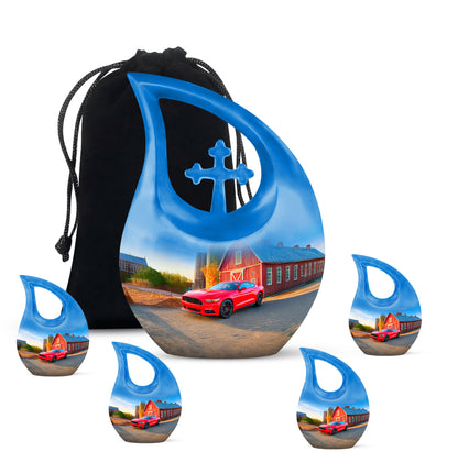 Bright Blue Car Cremation Urn urn with complimentary velvet bag - devotional cross-drop car engraving - memorial set with one large and four small urns