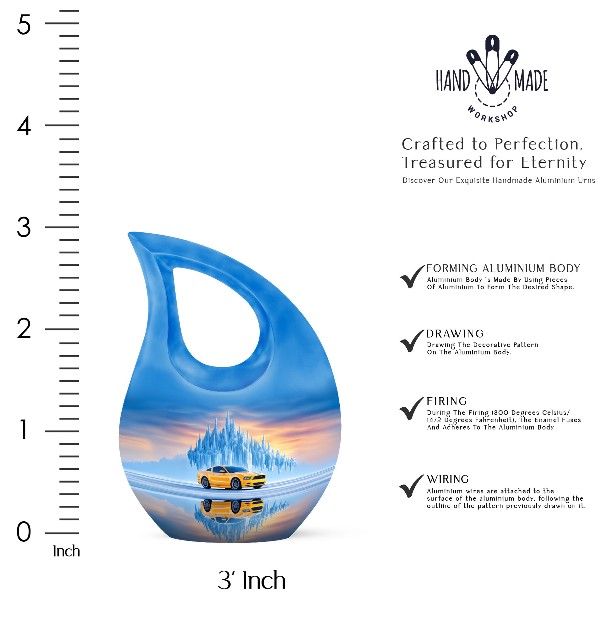 Calming Blue Car Cremation Urn back view with polished surface - devotional cross-drop car engraving - mini keepsake memorial for portion of cremation ashes