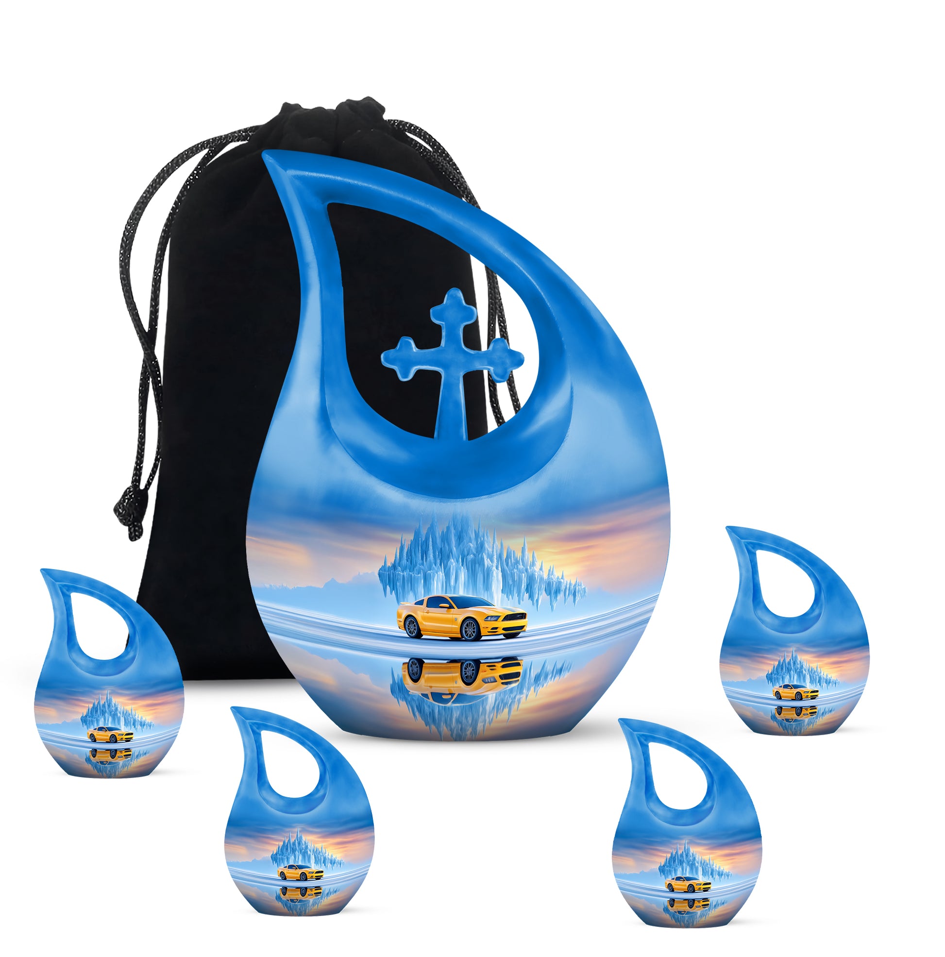 Sky Blue Car Cremation Urn urn with complimentary velvet bag - cross and car combined in spiritual memorial design - memorial set with one large and four small urns