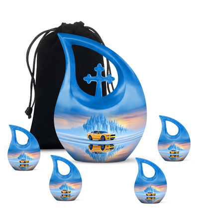 Sky Blue Car Cremation Urn urn with complimentary velvet bag - cross and car combined in spiritual memorial design - memorial set with one large and four small urns