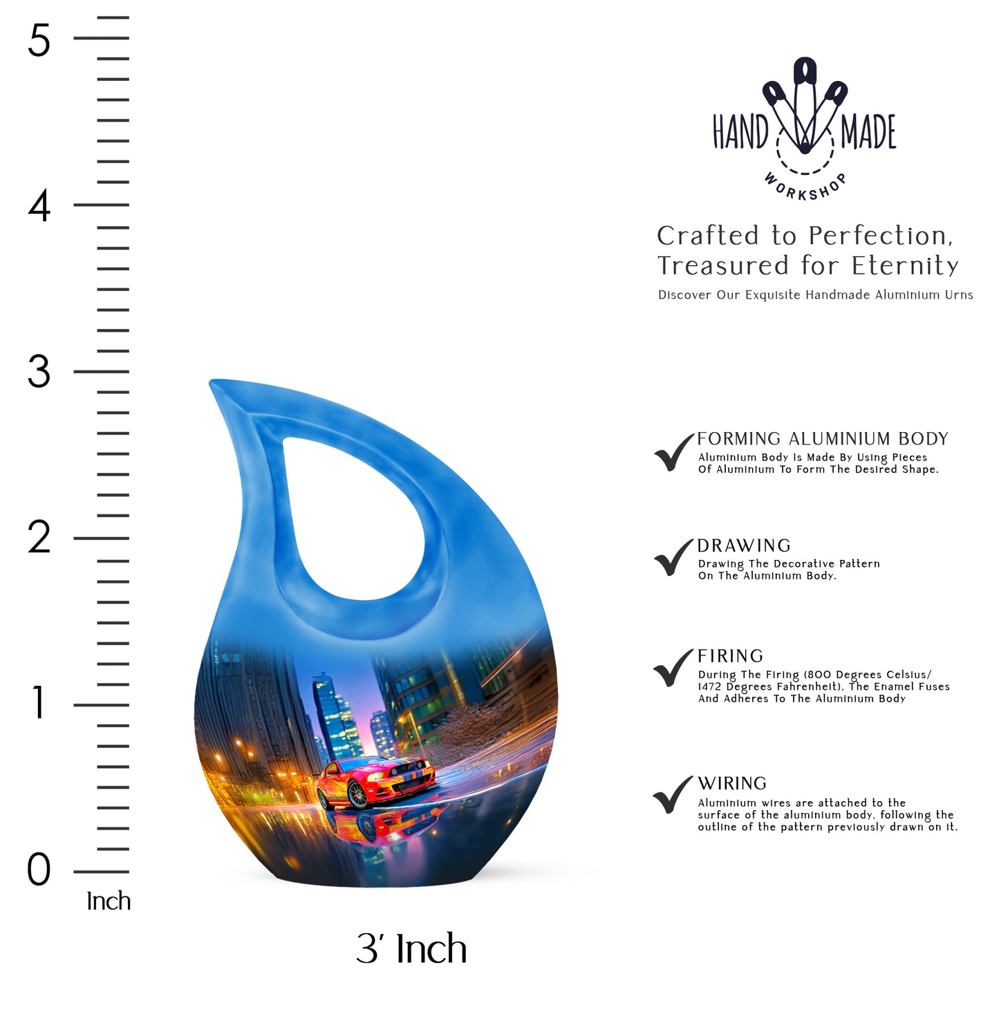 Navy Blue Car Cremation Urn back view with polished surface - cross and car combined in spiritual memorial design - mini keepsake memorial for portion of cremation ashes
