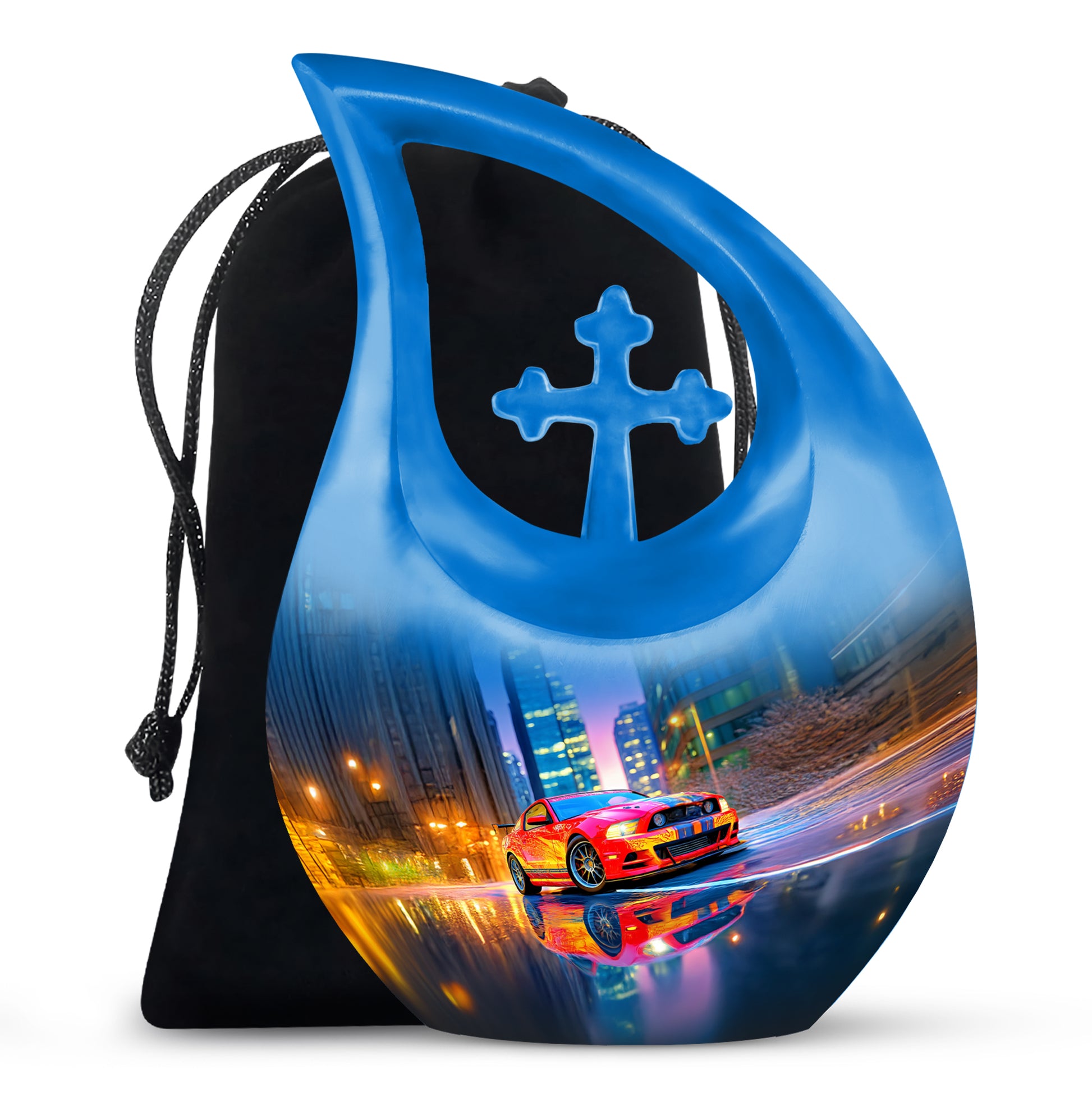 Steel Blue Car Cremation Urn top-down view of secure threaded lid - devotional cross-drop car engraving - full-size 10 inch 200 cubic inch adult cremation urn