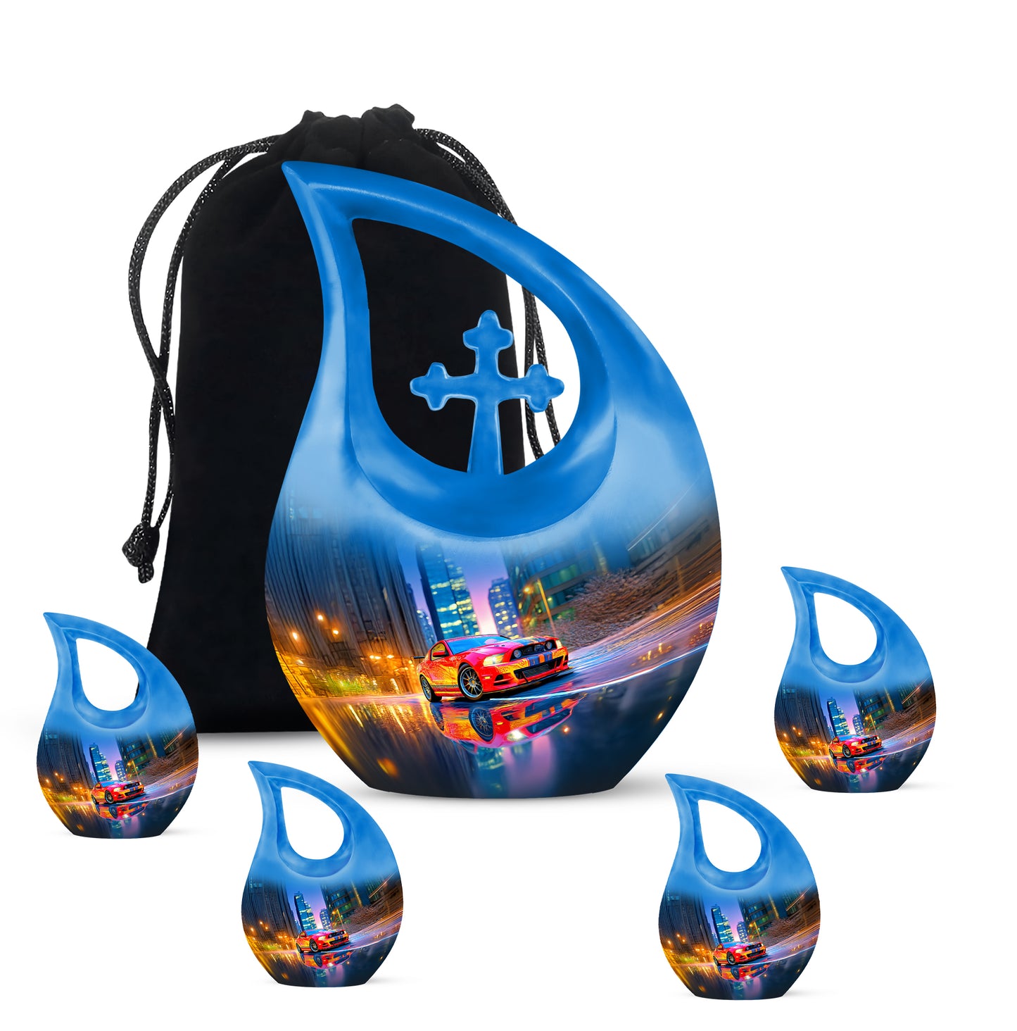 Misty Blue Car Cremation Urn urn with complimentary velvet bag - cross and car combined in spiritual memorial design - memorial set with one large and four small urns