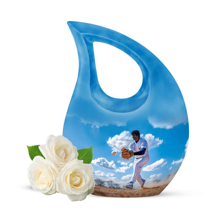 Inspiring Blue Baseball Reflection Urn for Human Ashes - 10-inch, 200 cu in - Yatskia