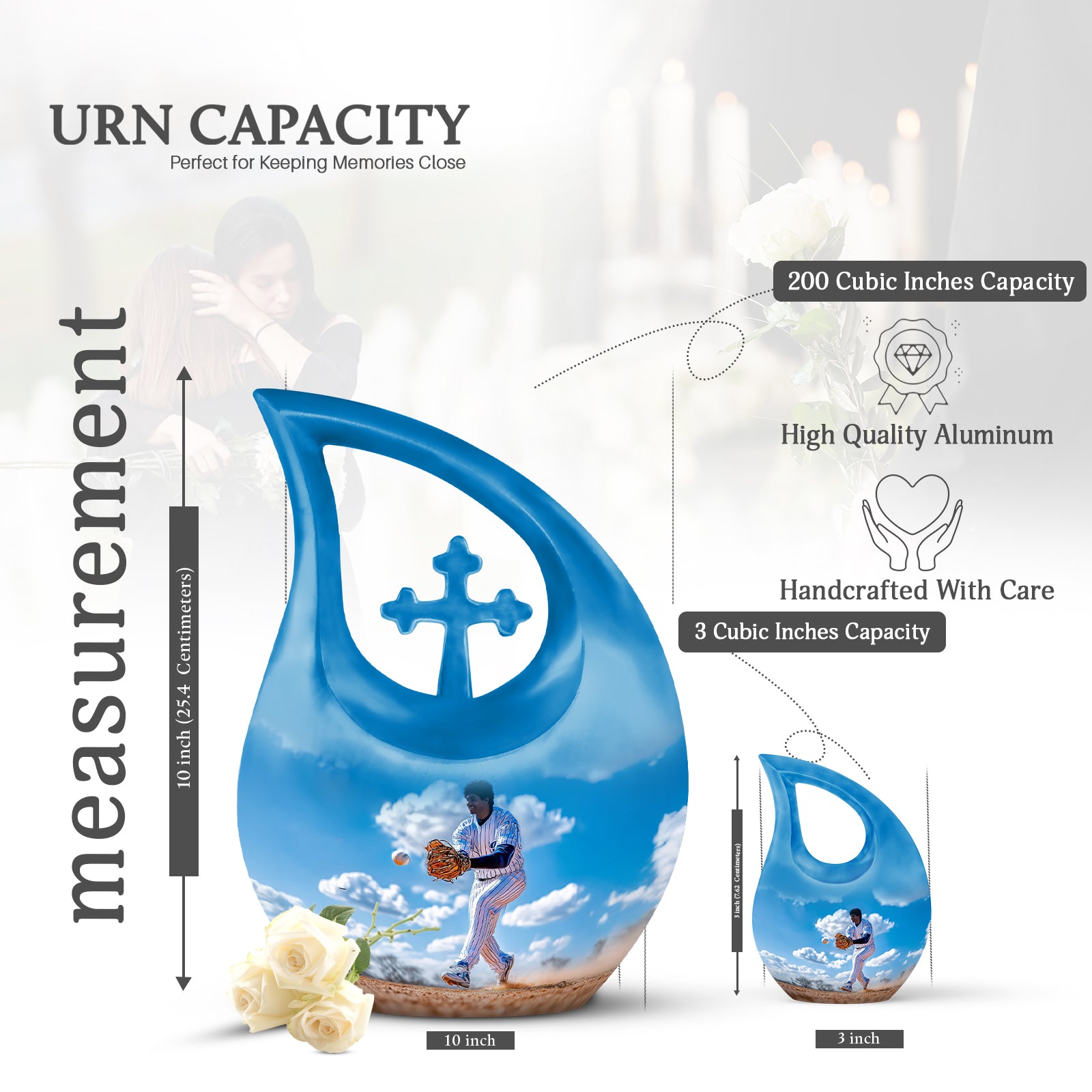 Azure Baseball Cremation Urn back view with polished surface - cross and baseball combined in spiritual memorial design - mini keepsake memorial for portion of cremation ashes