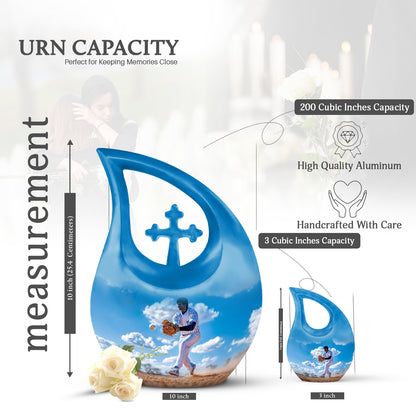 Azure Baseball Cremation Urn back view with polished surface - cross and baseball combined in spiritual memorial design - mini keepsake memorial for portion of cremation ashes