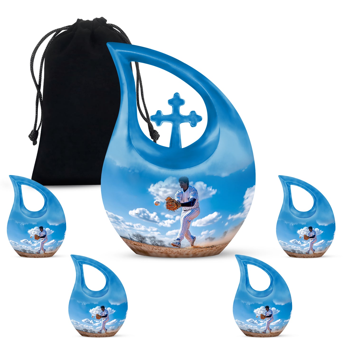 Icy Blue Baseball Cremation Urn urn with complimentary velvet bag - cross and baseball combined in spiritual memorial design - memorial set with one large and four small urns