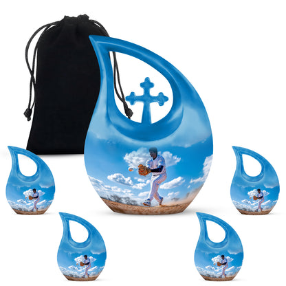 Icy Blue Baseball Cremation Urn urn with complimentary velvet bag - cross and baseball combined in spiritual memorial design - memorial set with one large and four small urns