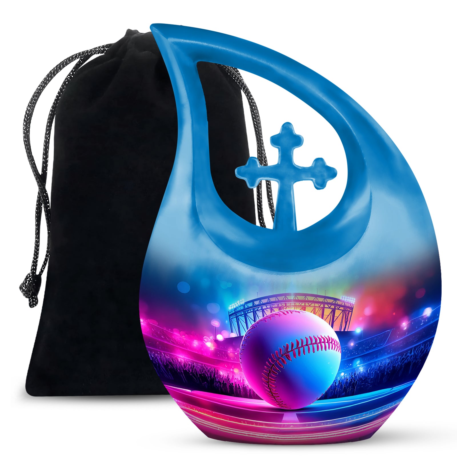 Soft Blue Baseball Cremation Urn top-down view of secure threaded lid - devotional cross-drop baseball engraving - full-size 10 inch 200 cubic inch adult cremation urn