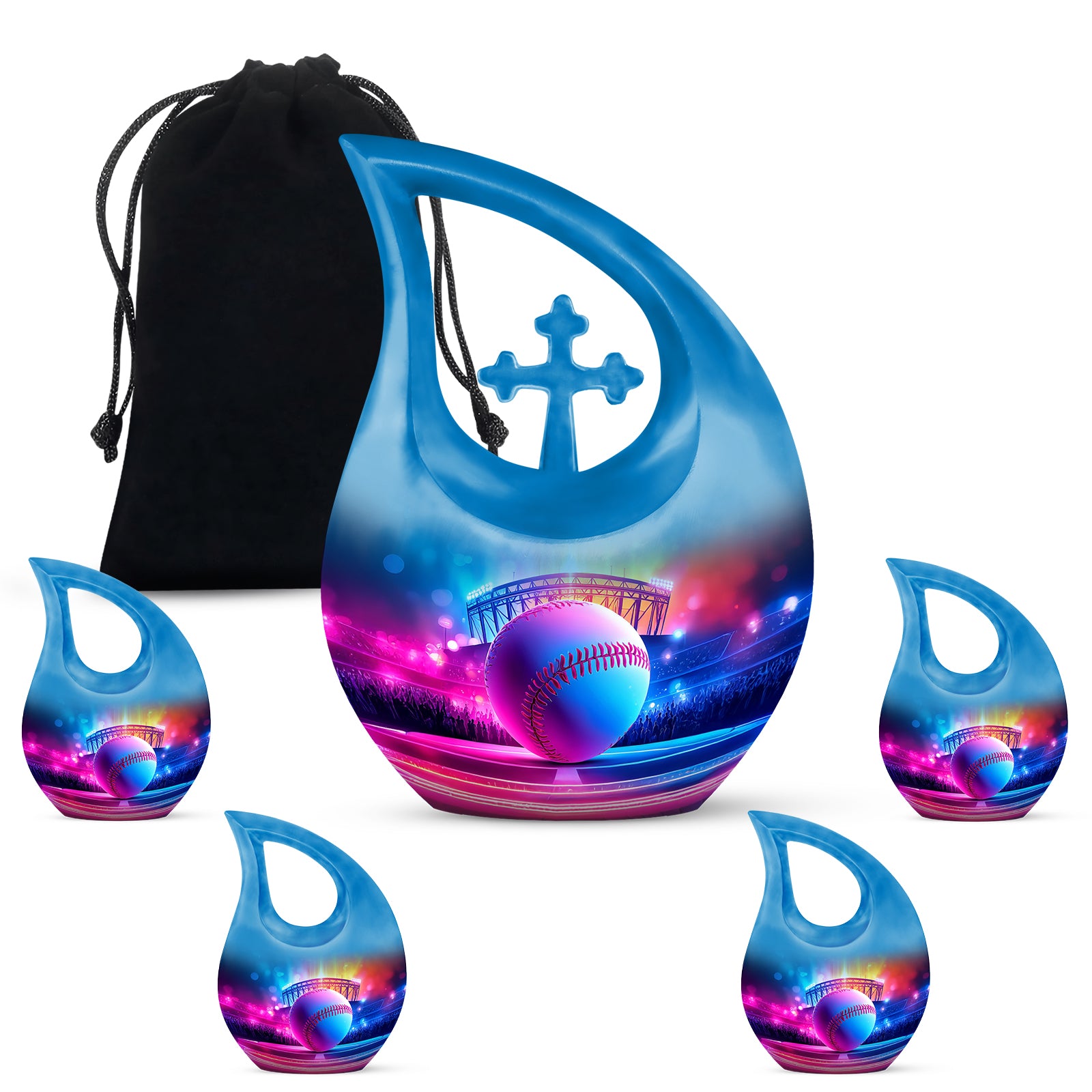 Soft Blue Baseball Cremation Urn urn with complimentary velvet bag - faith-inspired cross-drop urn with baseball pattern - memorial set with one large and four small urns