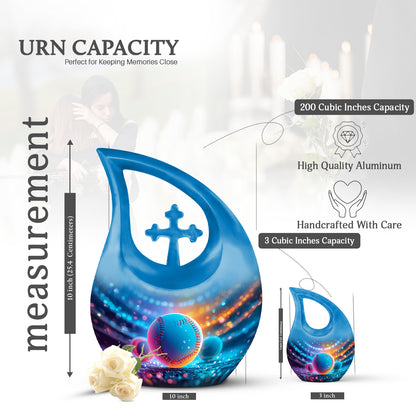Navy Blue Baseball Cremation Urn back view with polished surface - cross and baseball combined in spiritual memorial design - mini keepsake memorial for portion of cremation ashes