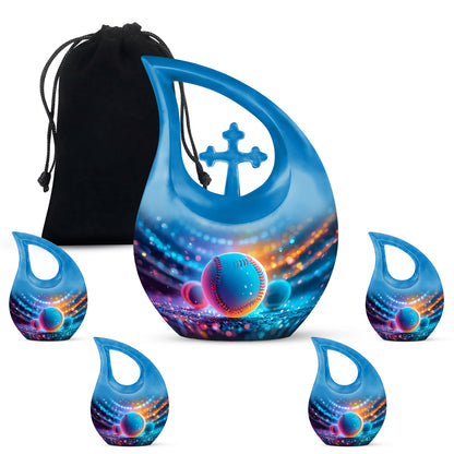 Cobalt Blue Baseball Cremation Urn urn with complimentary velvet bag - devotional cross-drop baseball engraving - memorial set with one large and four small urns