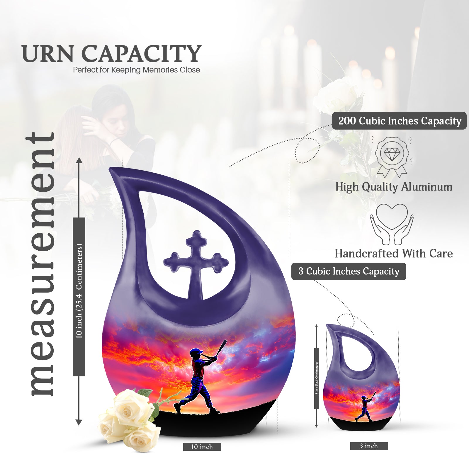 Amethyst Purple Baseball Cremation Urn back view with polished surface - cross and baseball combined in spiritual memorial design - mini keepsake memorial for portion of cremation ashes