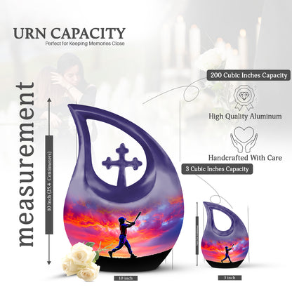 Amethyst Purple Baseball Cremation Urn back view with polished surface - cross and baseball combined in spiritual memorial design - mini keepsake memorial for portion of cremation ashes