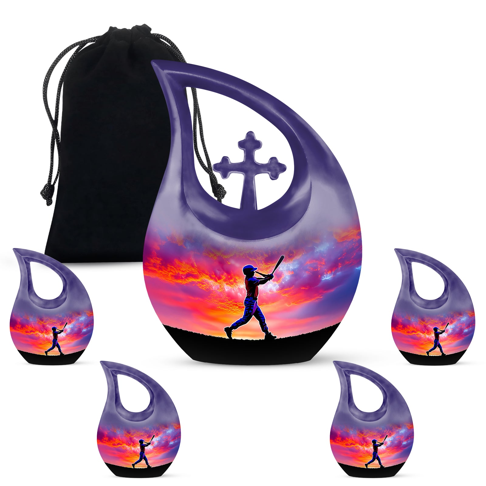 Orchid Purple Baseball Cremation Urn urn with complimentary velvet bag - sacred cross merged with baseball motif on metal - memorial set with one large and four small urns