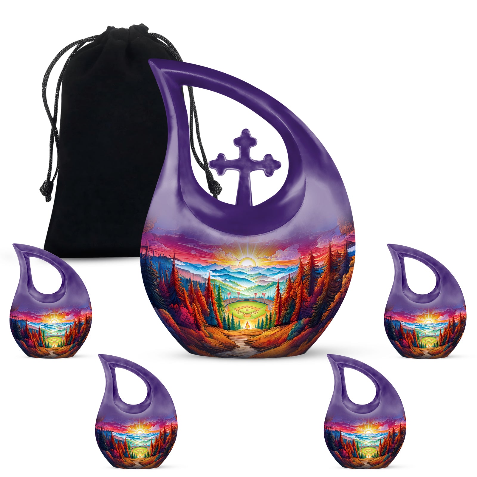 Wine Red Baseball Cremation Urn urn with complimentary velvet bag - cross and baseball combined in spiritual memorial design - memorial set with one large and four small urns