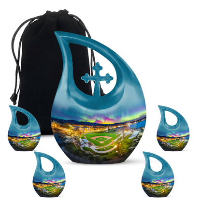 Vivid Blue Baseball Cremation Urn urn with complimentary velvet bag - faith-inspired cross-drop urn with baseball pattern - memorial set with one large and four small urns