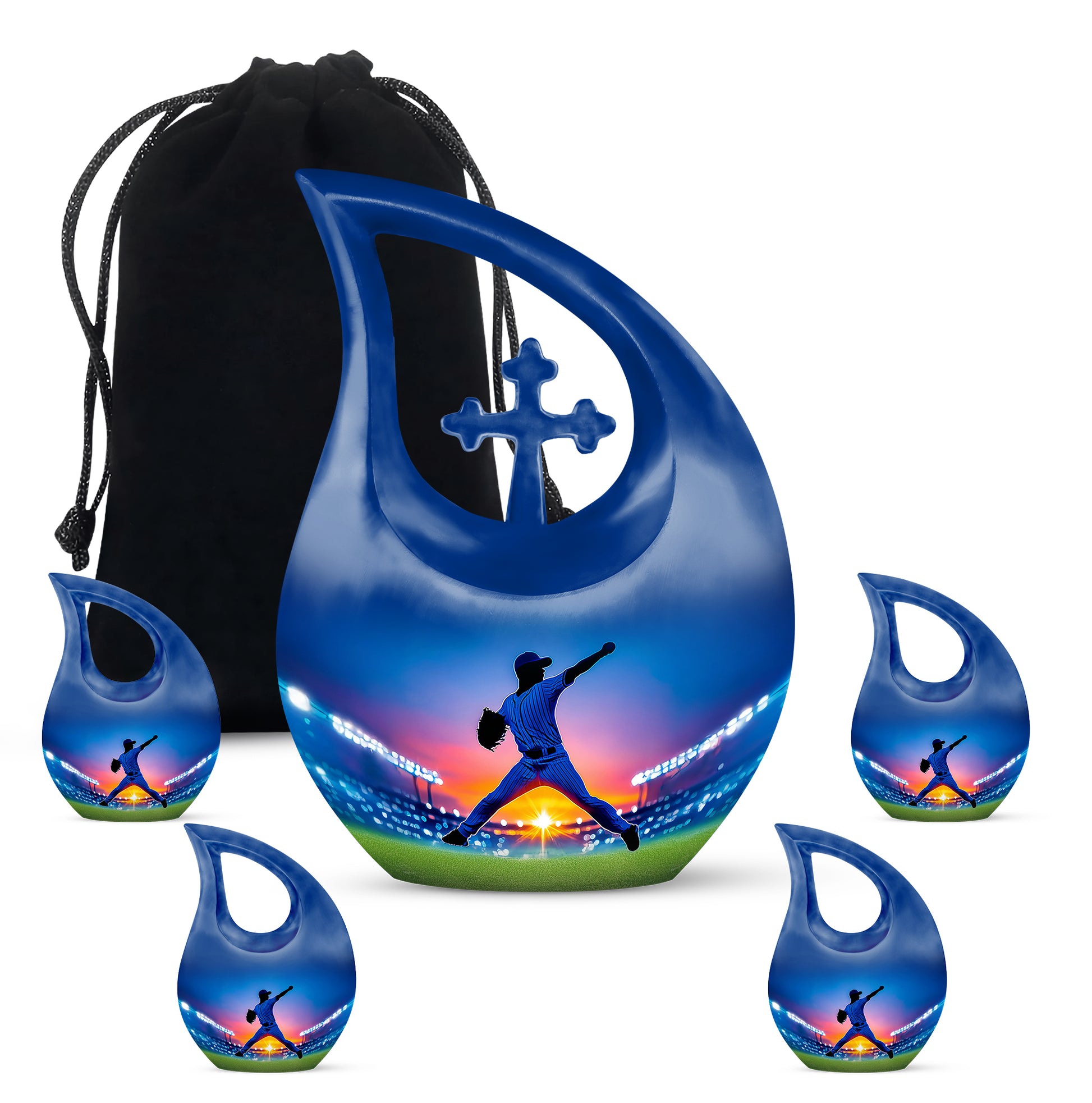 Royal Blue Baseball Cremation Urn urn with complimentary velvet bag - faith-inspired cross-drop urn with baseball pattern - memorial set with one large and four small urns